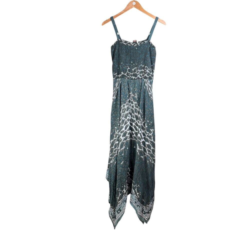 Soft Surroundings TALL Gray Teal Leopard Smocked Cotton Handkerchief Midi Dress - Picture 9 of 12